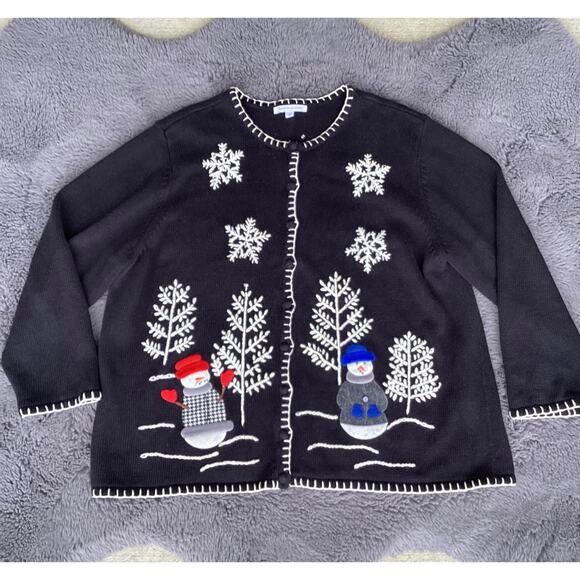 Mercer Street Studio Snowman Appliqué Ugly Christmas Cardigan Sweater Black 3X - Picture 1 of 10
